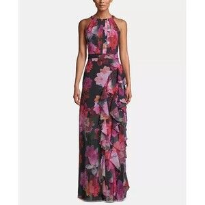 Betsy & Adam Size 2 Floral Ruffled Halter Gown Black Red Pink Party Wedding USA